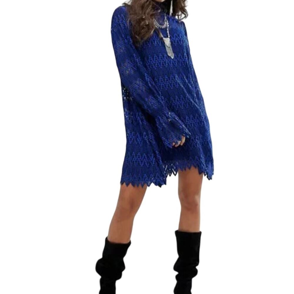Free People Simone Cobalt Blue Lace Bell Sleeve Lined Womens Mini Dress Size S